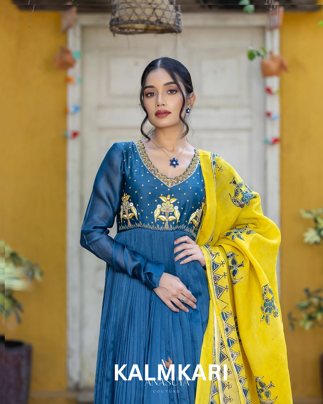 Navy Blue Anarkali with Mustard Yellow Hand-Painted Dupatta