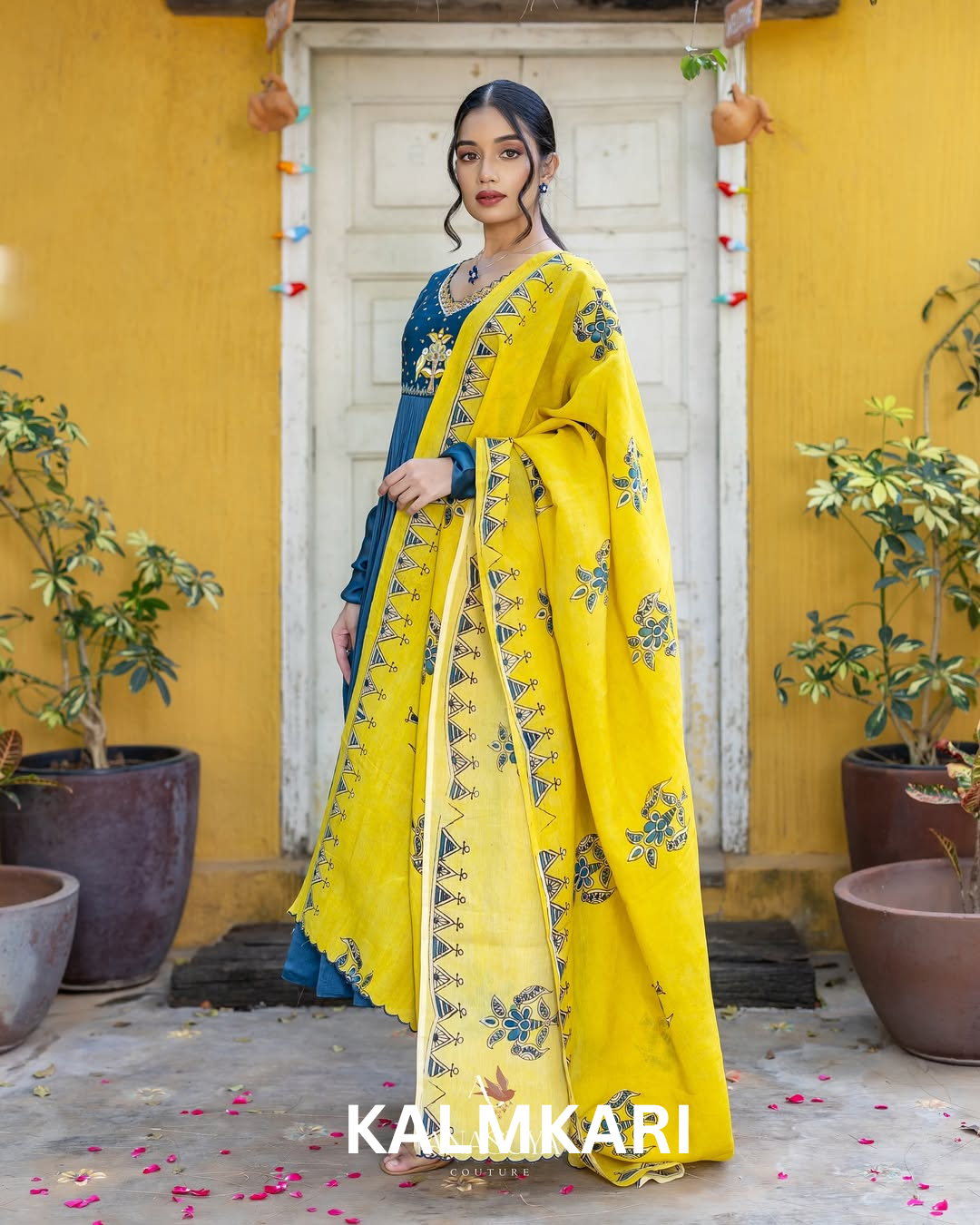 Navy Blue Anarkali with Mustard Yellow Hand-Painted Dupatta