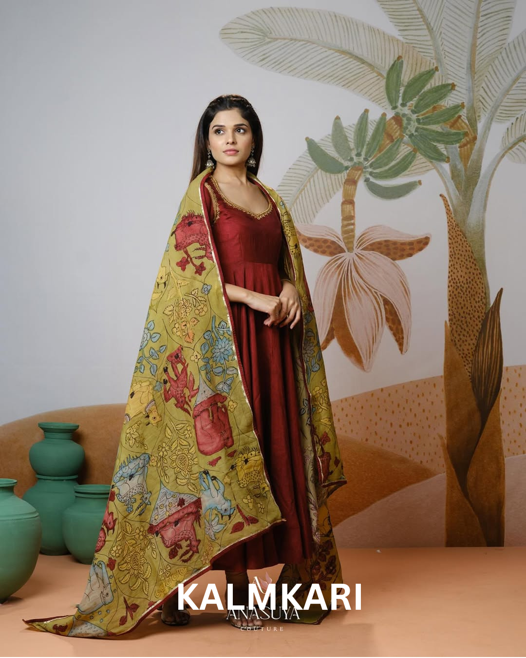 Maroon Anarkali with Hand-Painted Kalamkari Dupatta