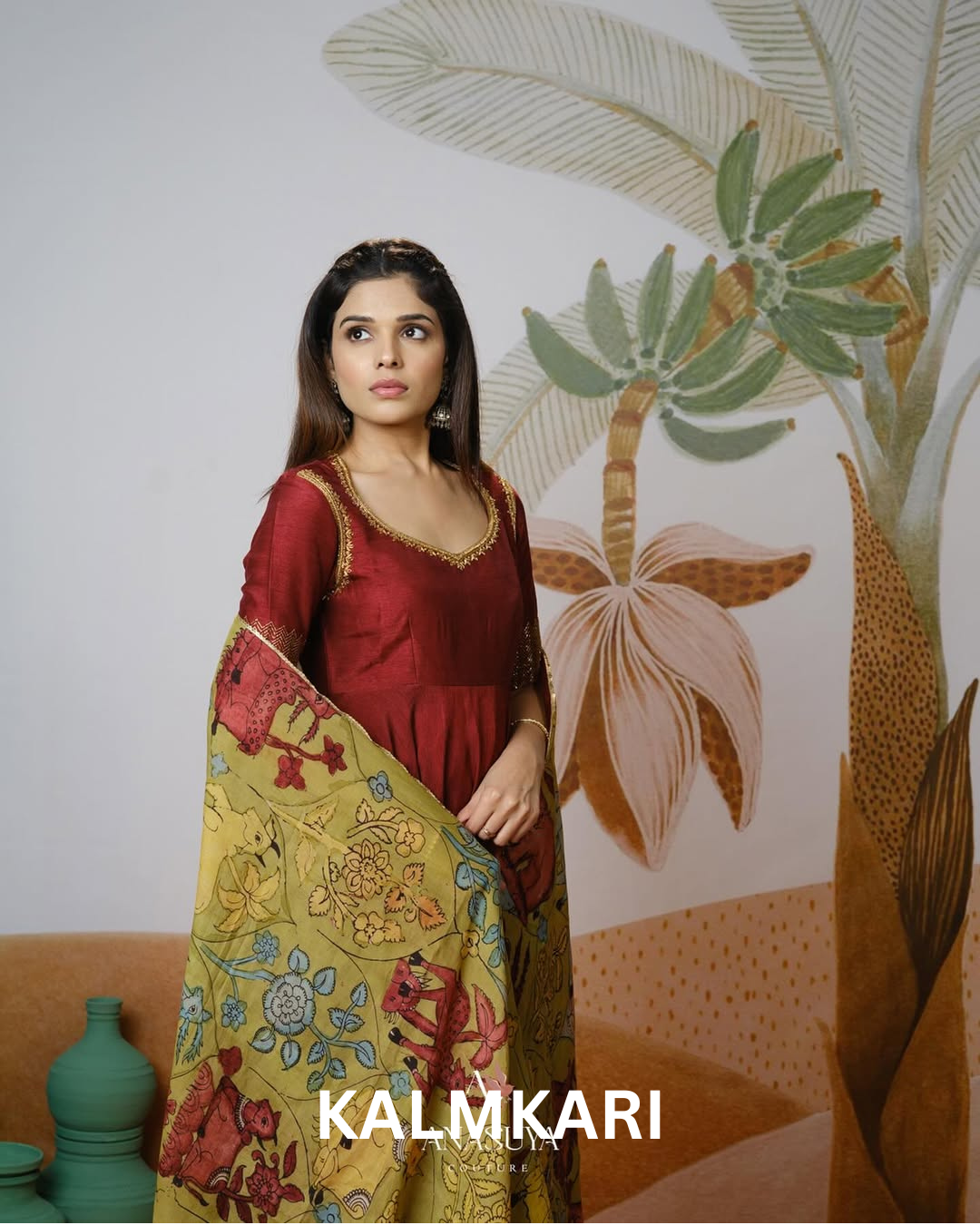 Maroon Anarkali with Hand-Painted Kalamkari Dupatta