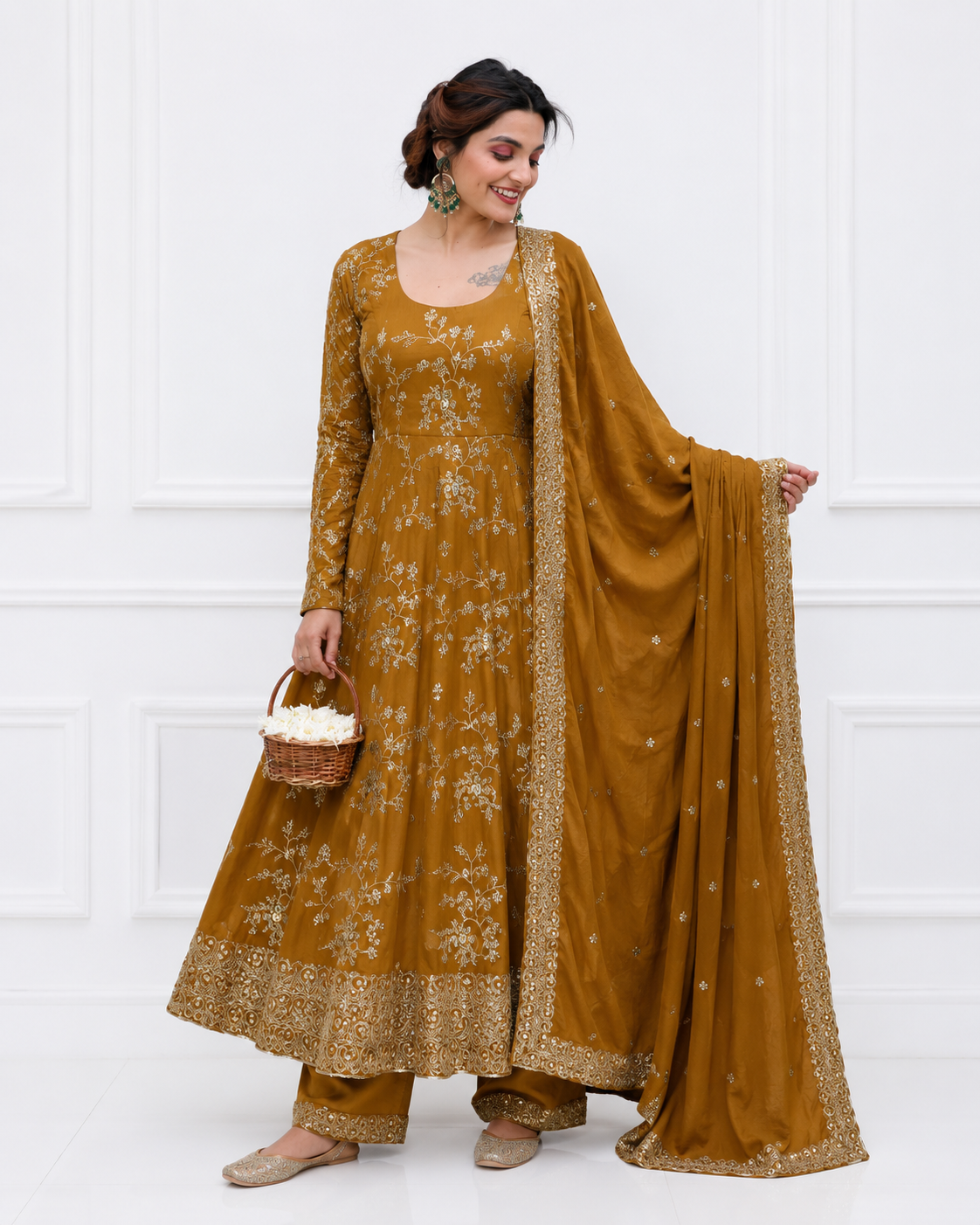 Premium Mustard Gold Embroidered Kurta Set with Dupatta
