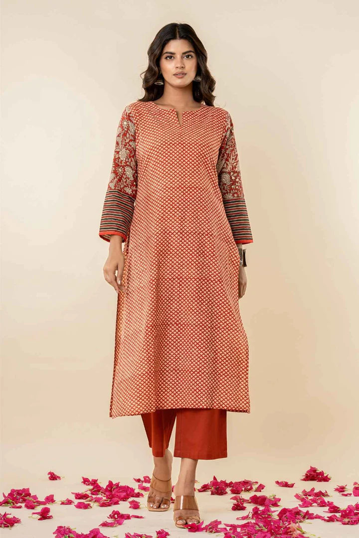 Women’s Printed Straight Kurta with Pants – Rust Orange