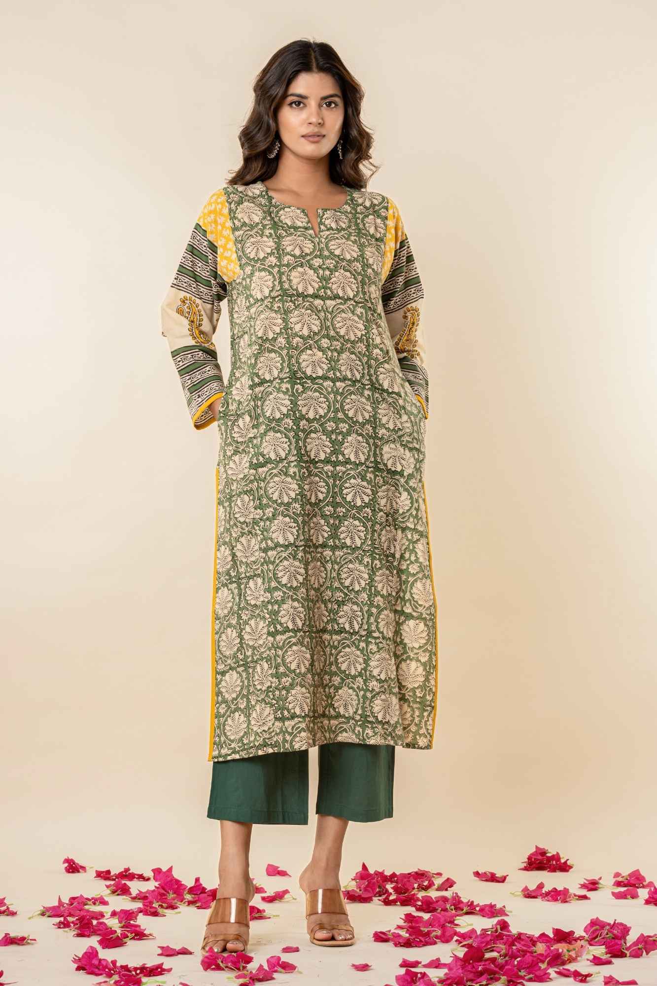 Women’s Printed Straight Kurta with Pants – Green & Mustard