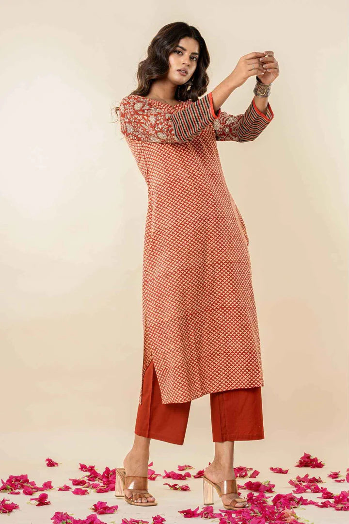 Women’s Printed Straight Kurta with Pants – Rust Orange