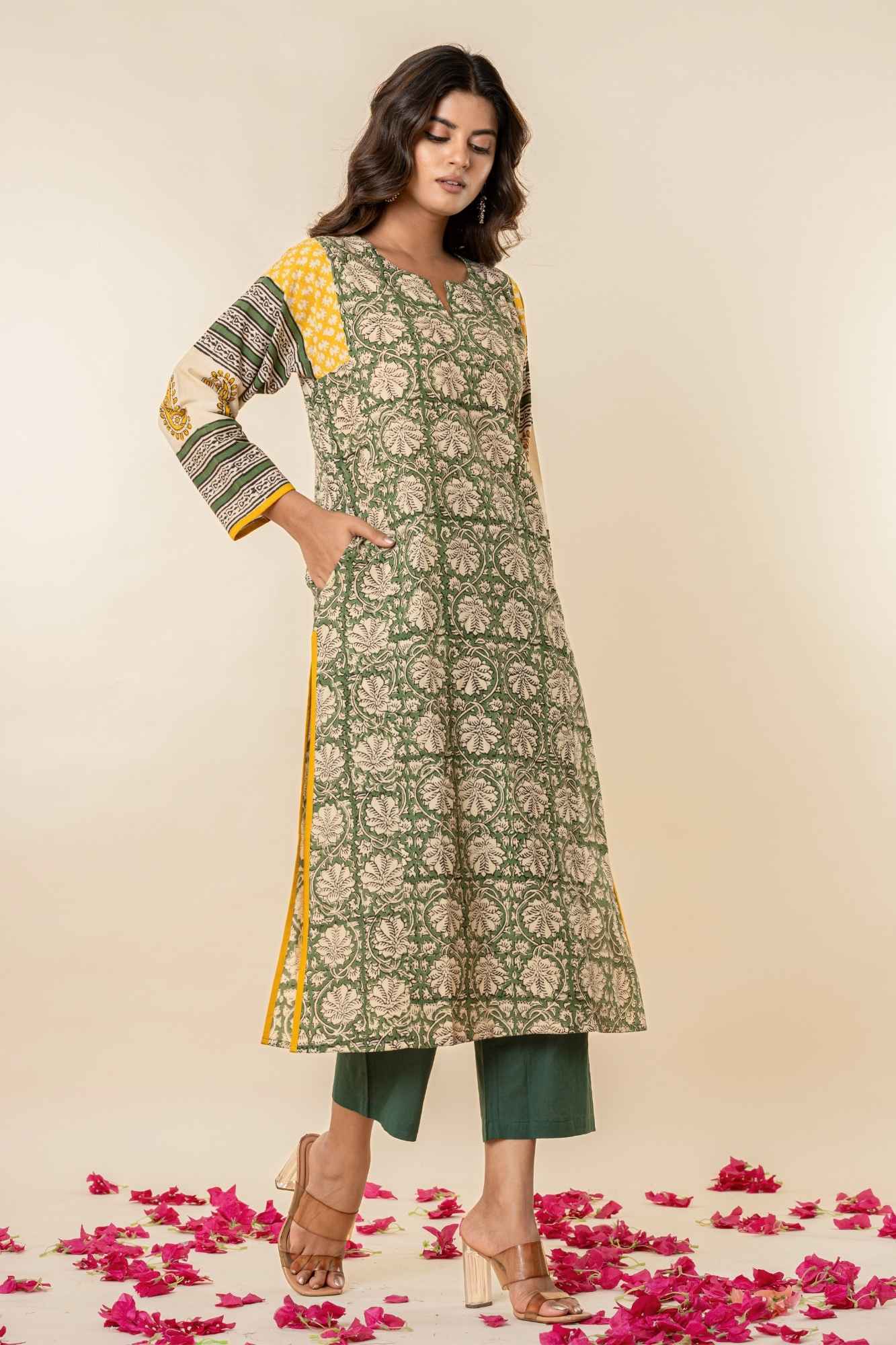 Women’s Printed Straight Kurta with Pants – Green & Mustard