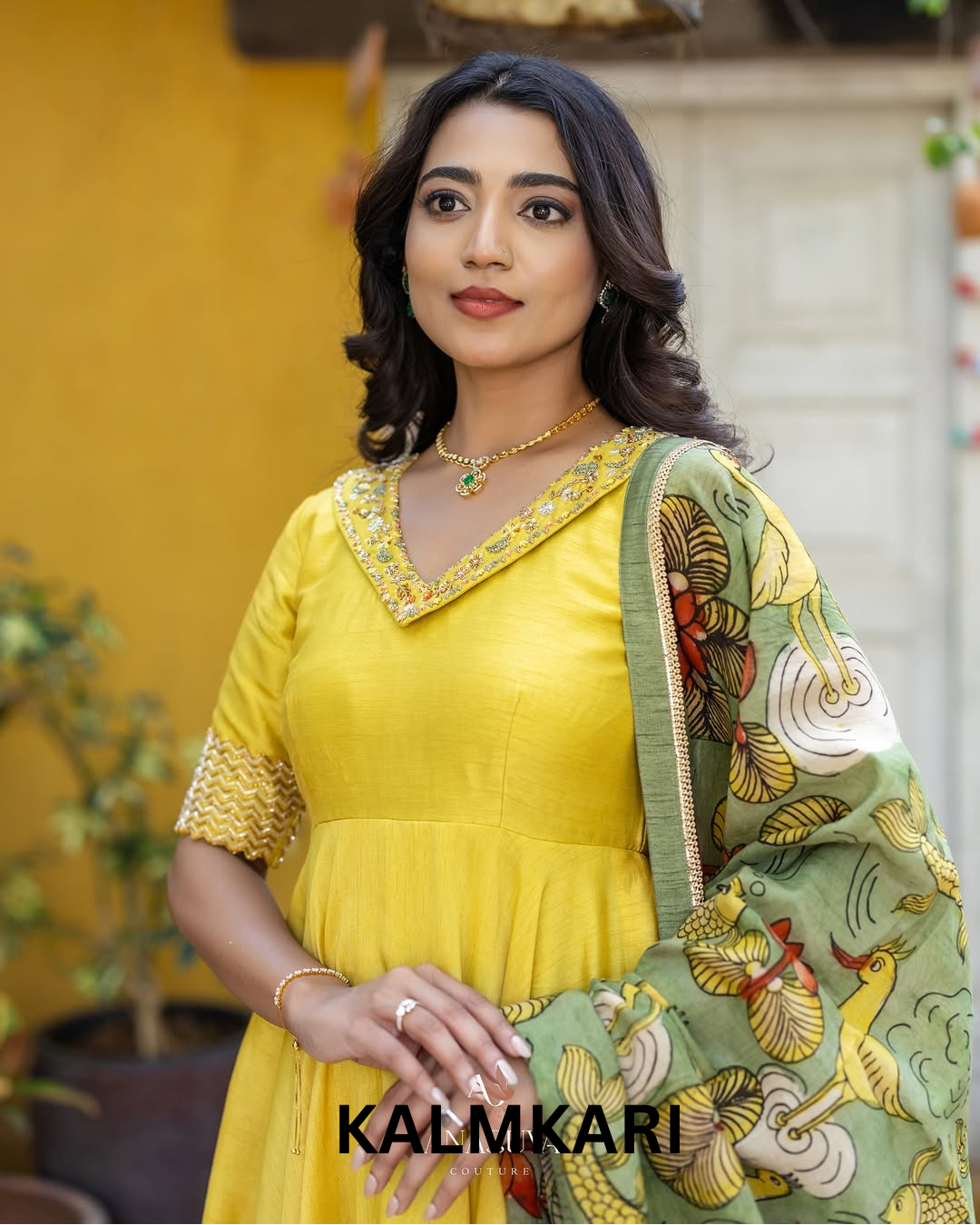 Mustard Yellow Anarkali with Hand-Painted Kalamkari Dupatta