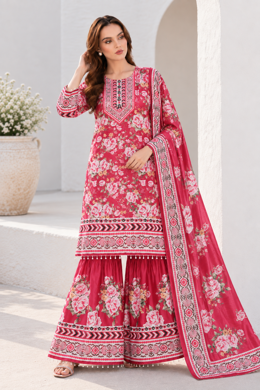 Raspberry Rose Floral Sharara Set
