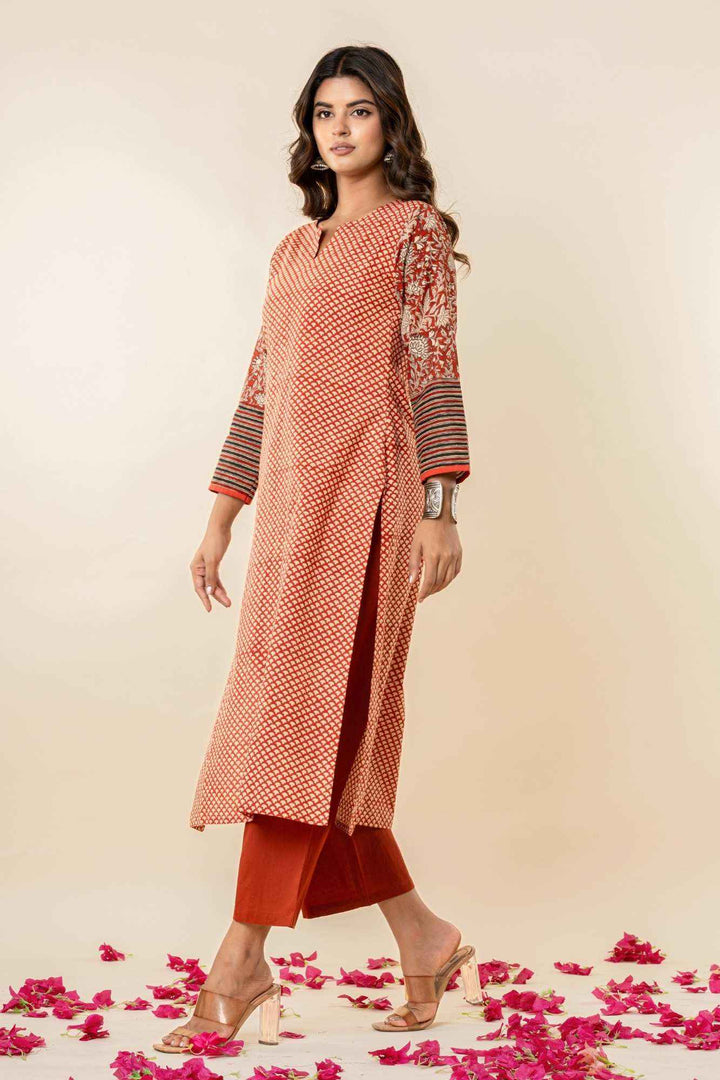 Women’s Printed Straight Kurta with Pants – Rust Orange