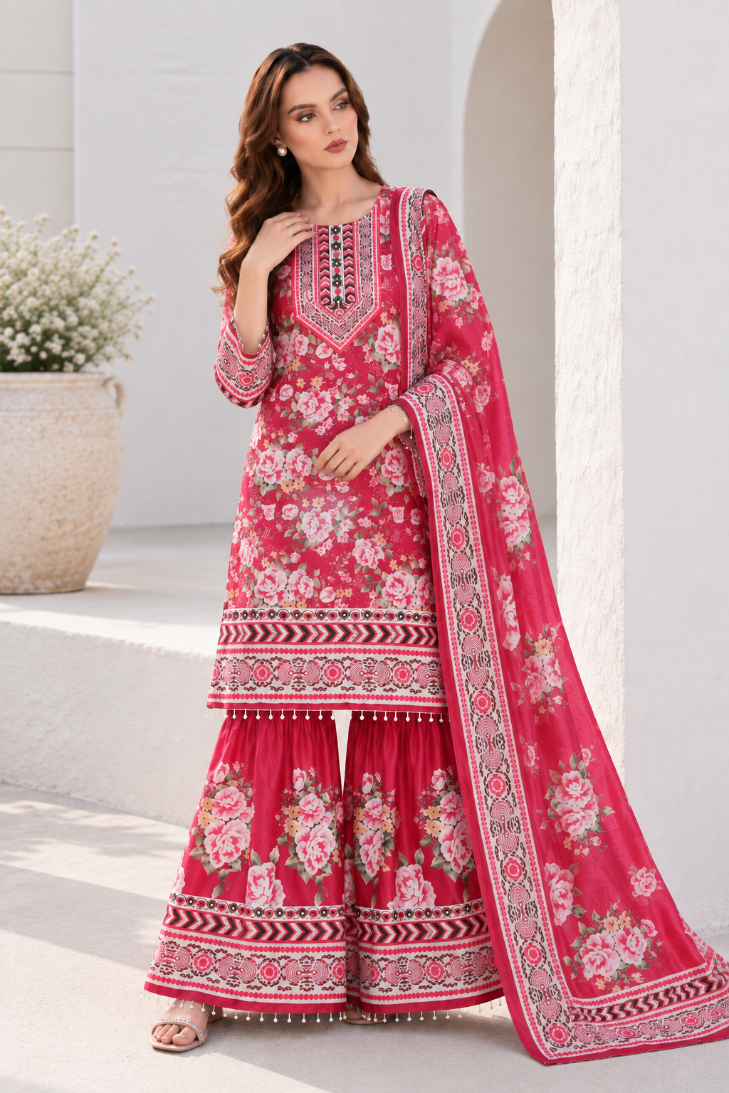 Raspberry Rose Floral Sharara Set