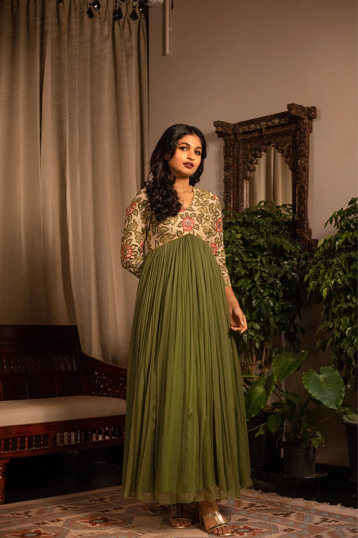 Elegant Olive Green Pleated Anarkali Gown with Floral Bodice