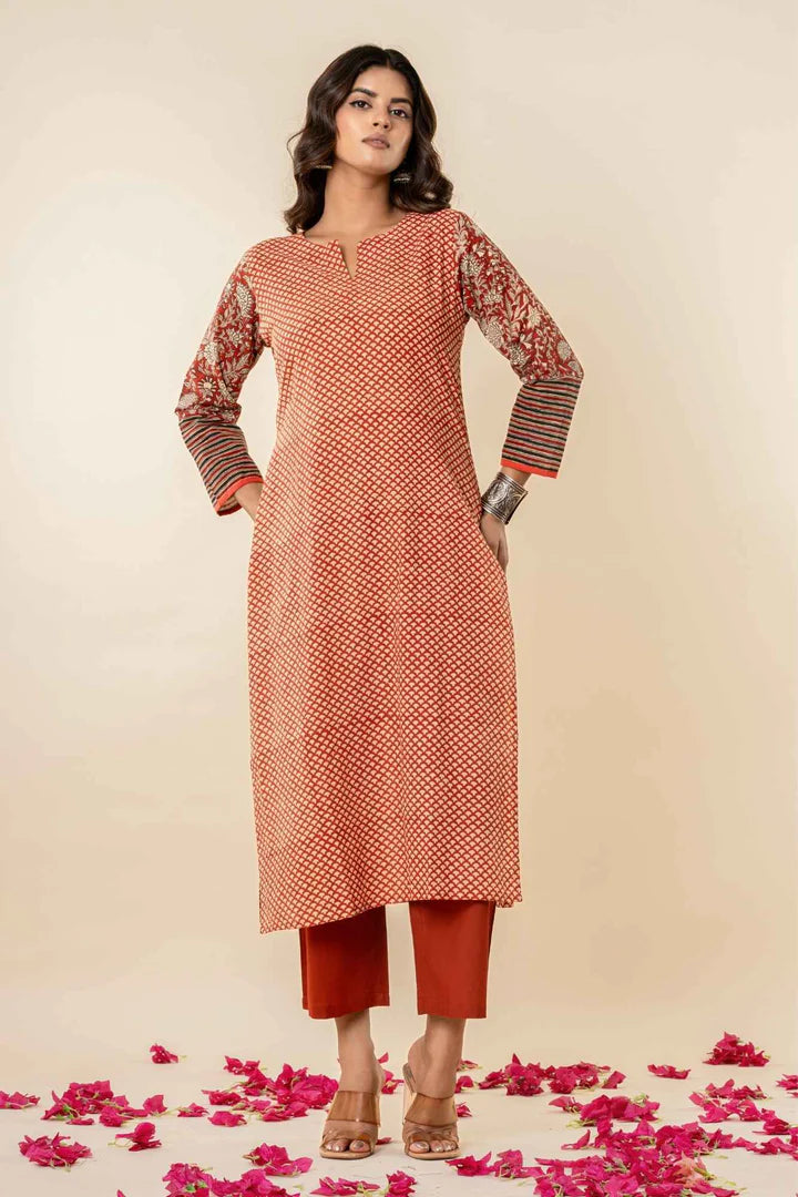 Women’s Printed Straight Kurta with Pants – Rust Orange