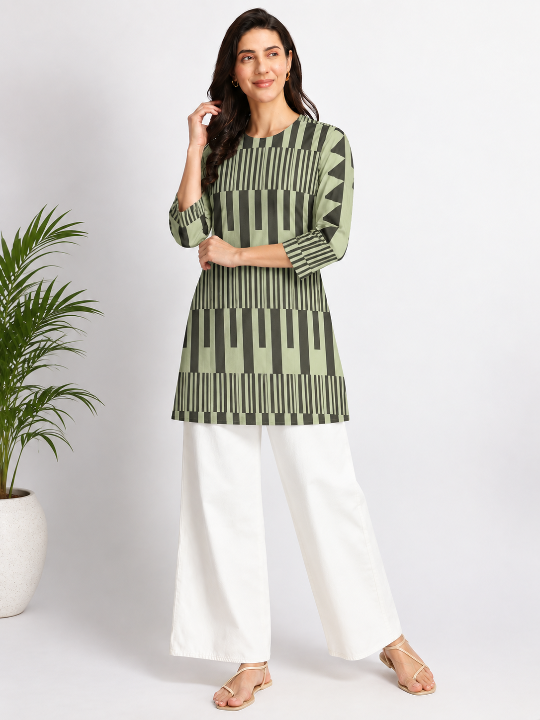 Sage Green Geometric Stripe Printed Short Kurti