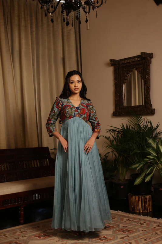 Floral Embroidered Bodice &amp; Blue Flared Anarkali Dress.