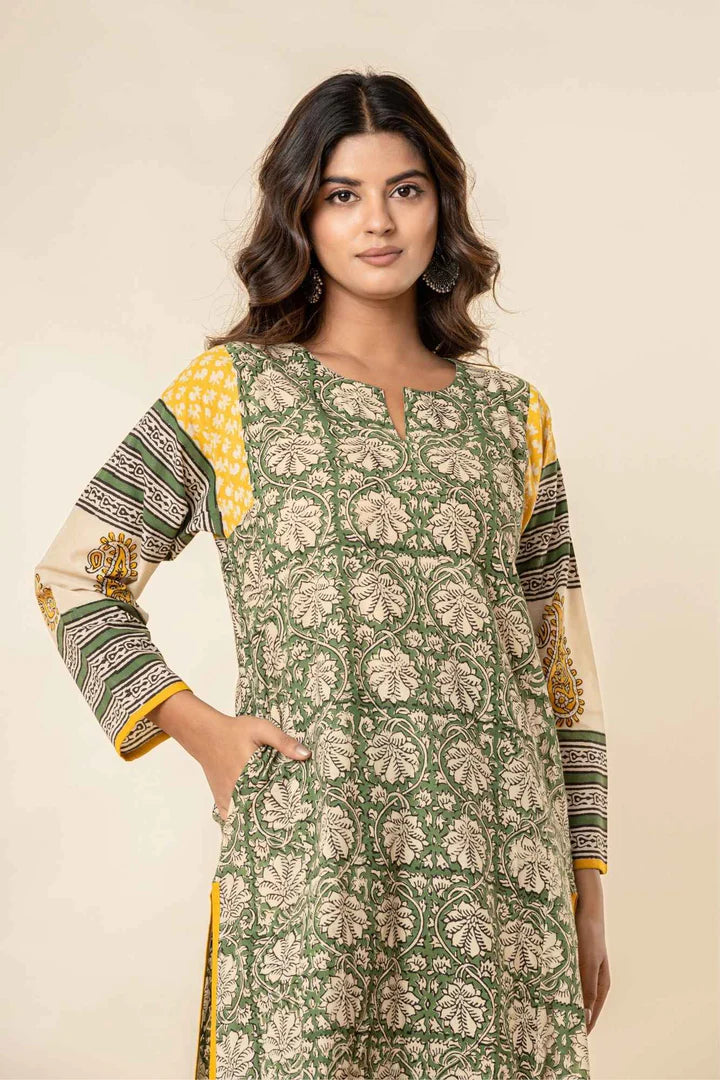 Women’s Printed Straight Kurta with Pants – Green & Mustard