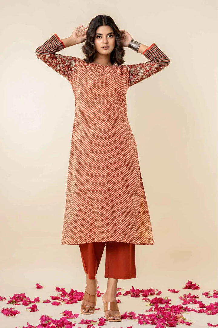 Women’s Printed Straight Kurta with Pants – Rust Orange