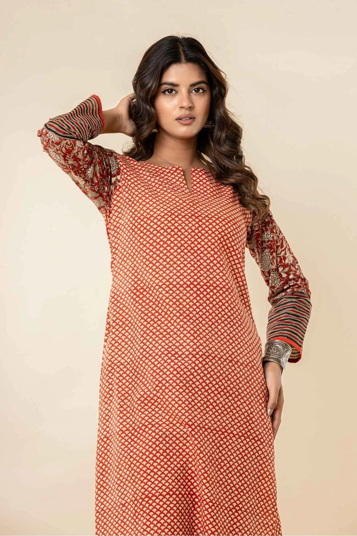 Women’s Printed Straight Kurta with Pants – Rust Orange
