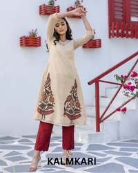 Beige Kurta with Hand-Painted Kalamkari Motifs