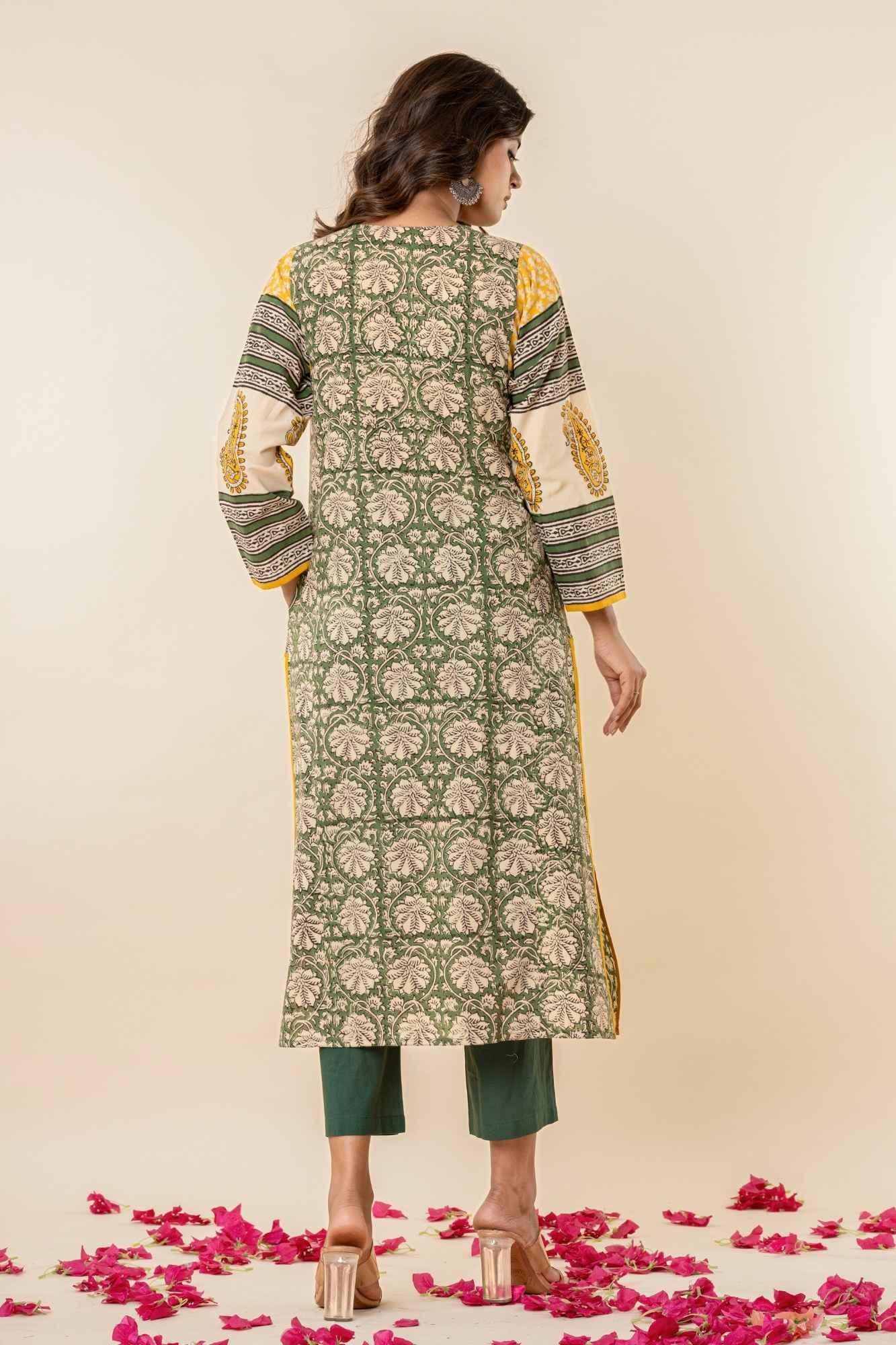 Women’s Printed Straight Kurta with Pants – Green & Mustard