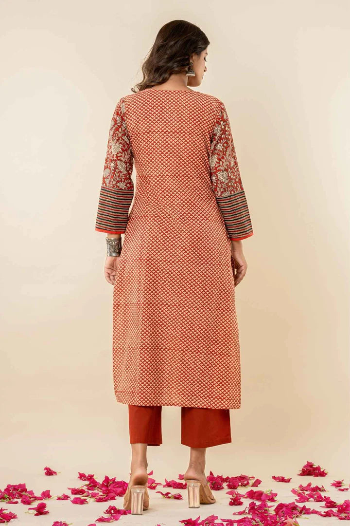 Women’s Printed Straight Kurta with Pants – Rust Orange