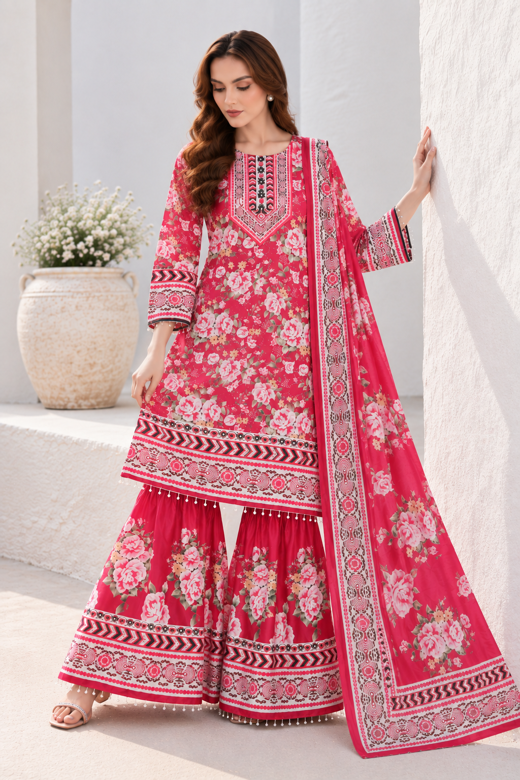 Raspberry Rose Floral Sharara Set