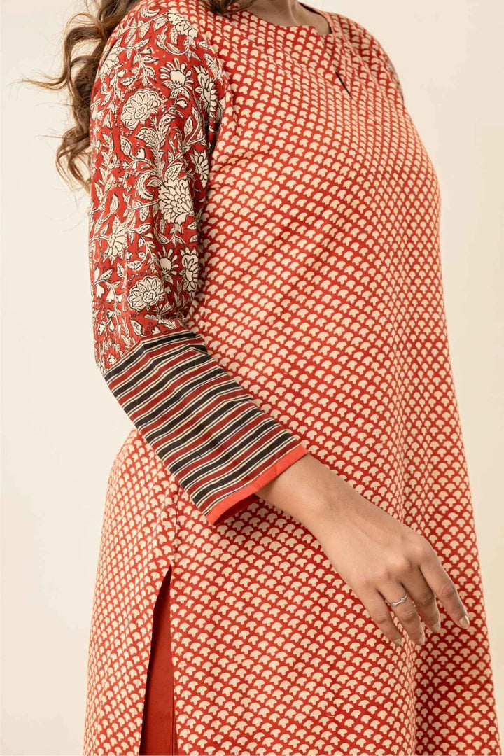 Women’s Printed Straight Kurta with Pants – Rust Orange