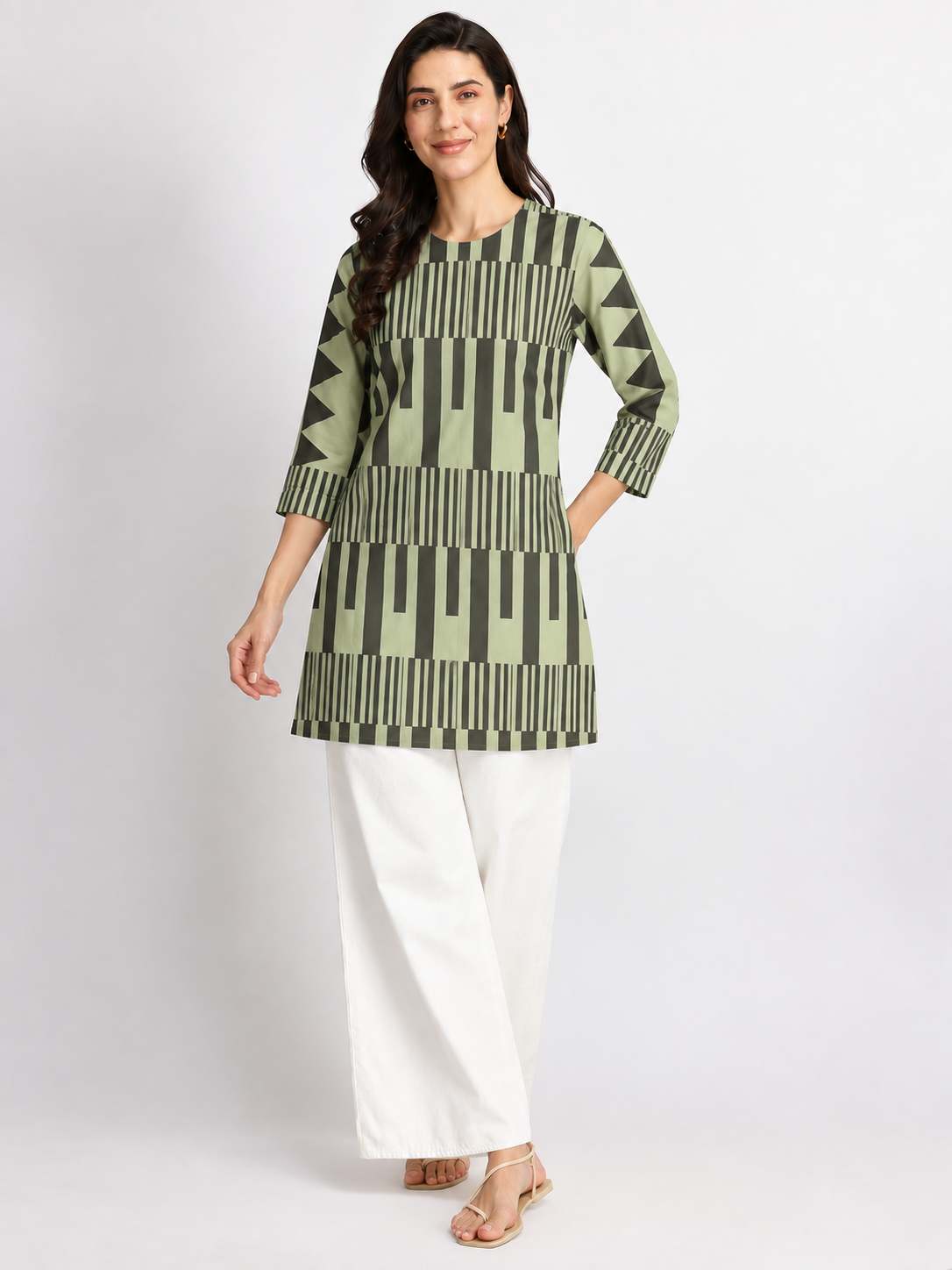 Sage Green Geometric Stripe Printed Short Kurti