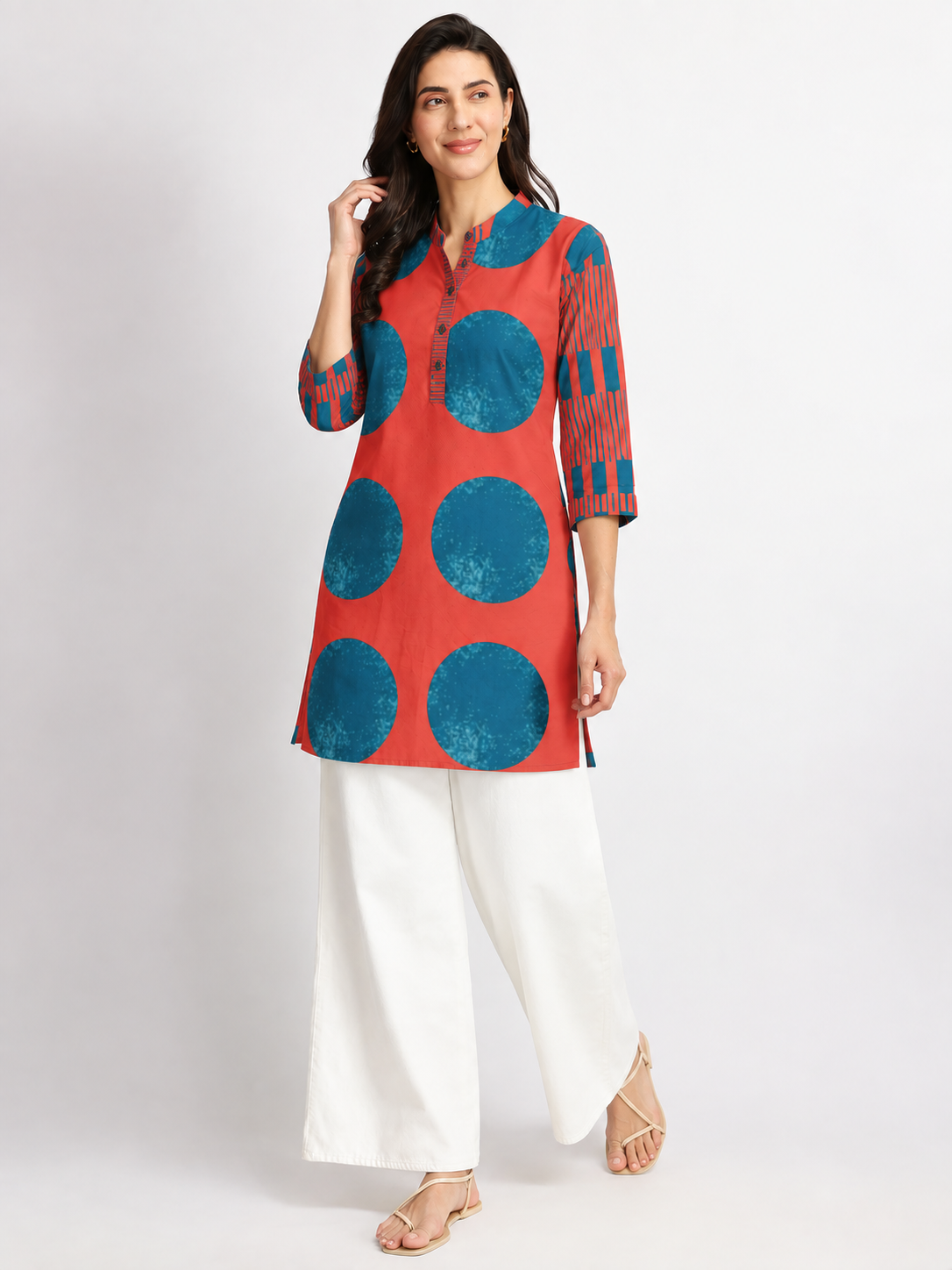Coral Red & Teal Blue Statement Print Short Kurti