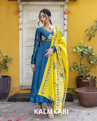 Navy Blue Anarkali with Mustard Yellow Hand-Painted Dupatta
