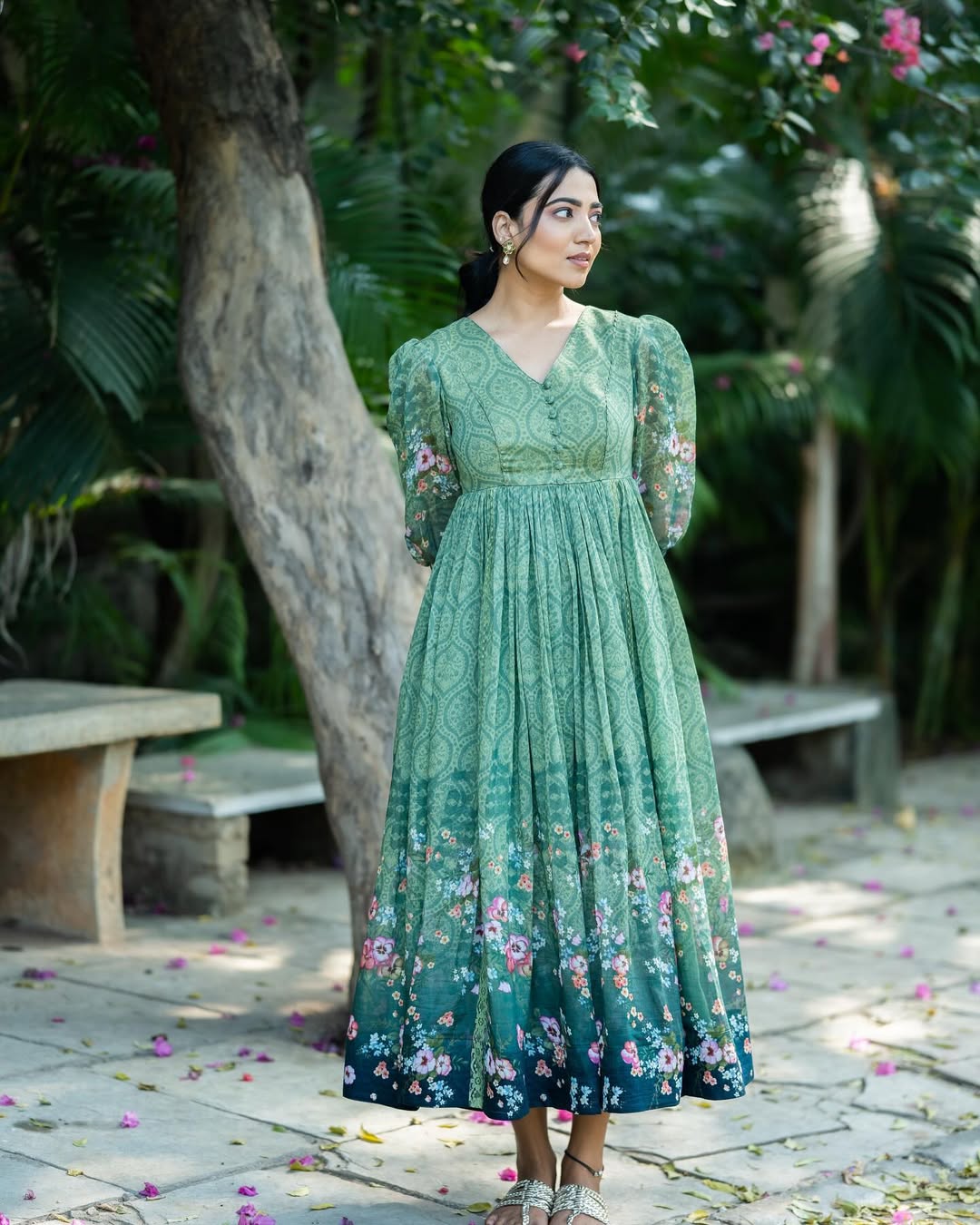 Bloom – Elegant Green Floral Anarkali Dress