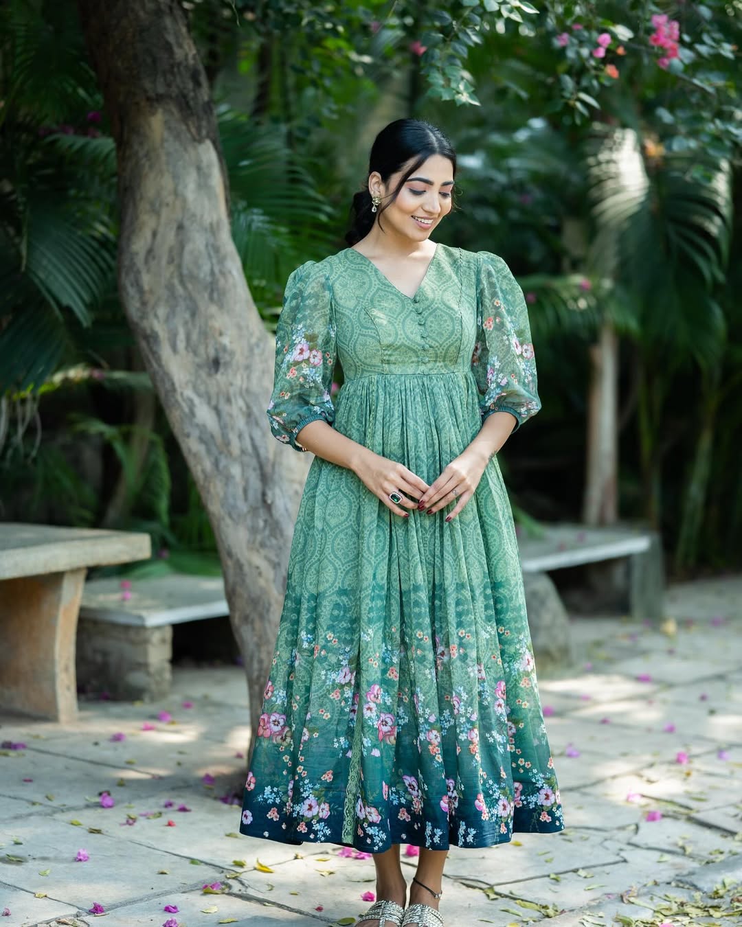 Bloom – Elegant Green Floral Anarkali Dress