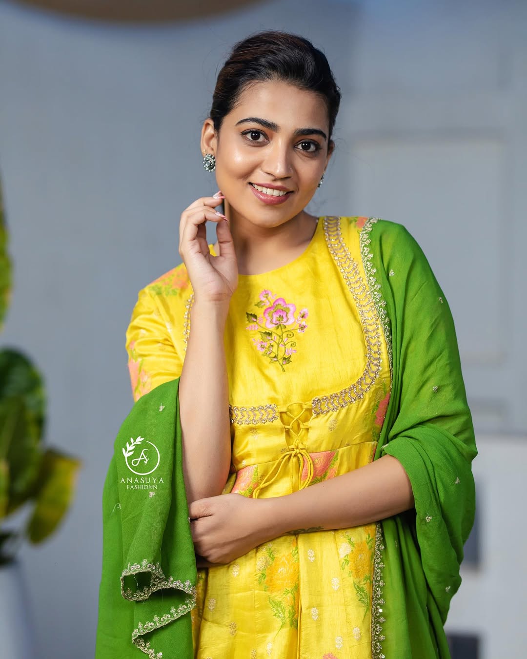 Yellow Floral Anarkali with Green Dupatta