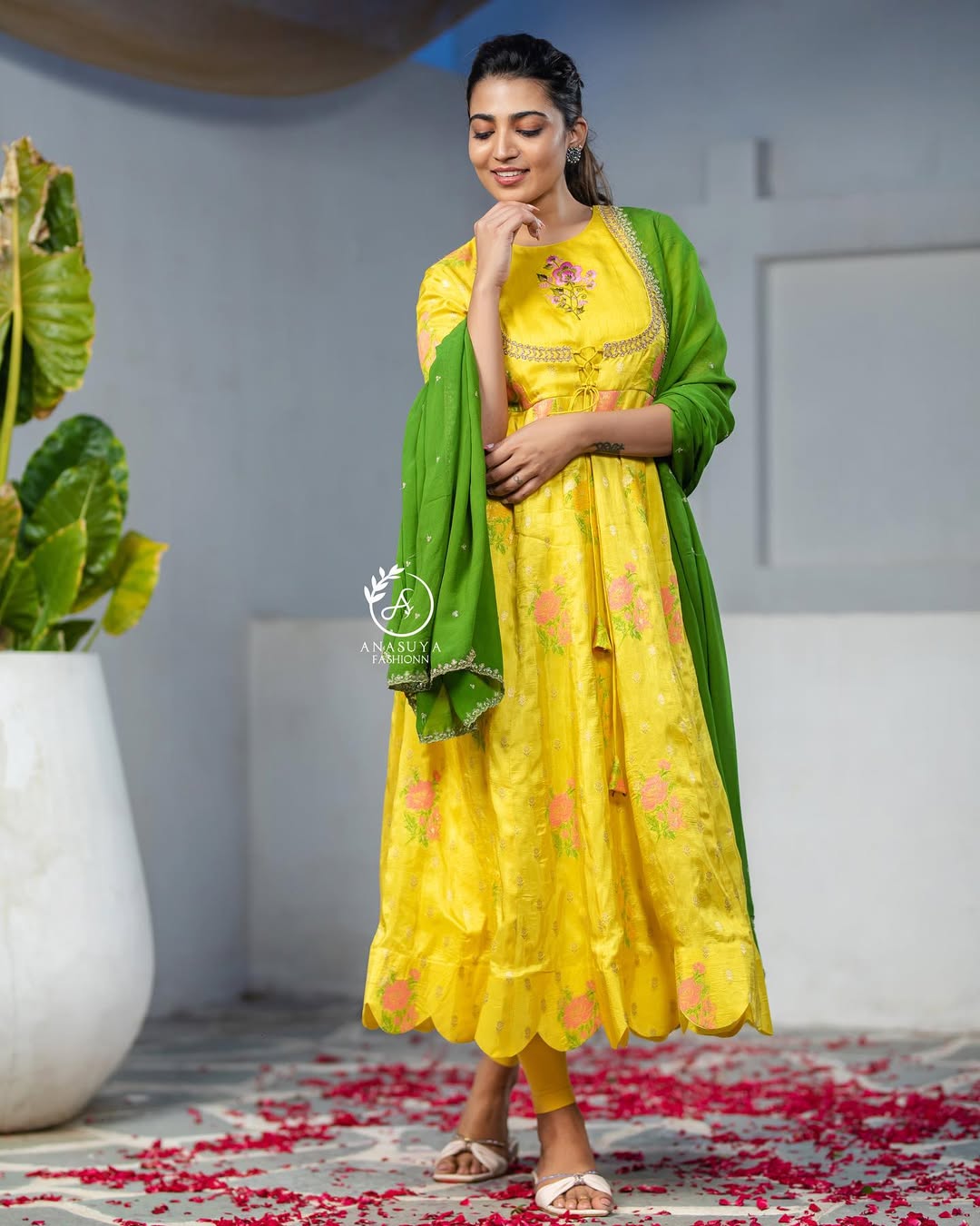 Yellow Floral Anarkali with Green Dupatta