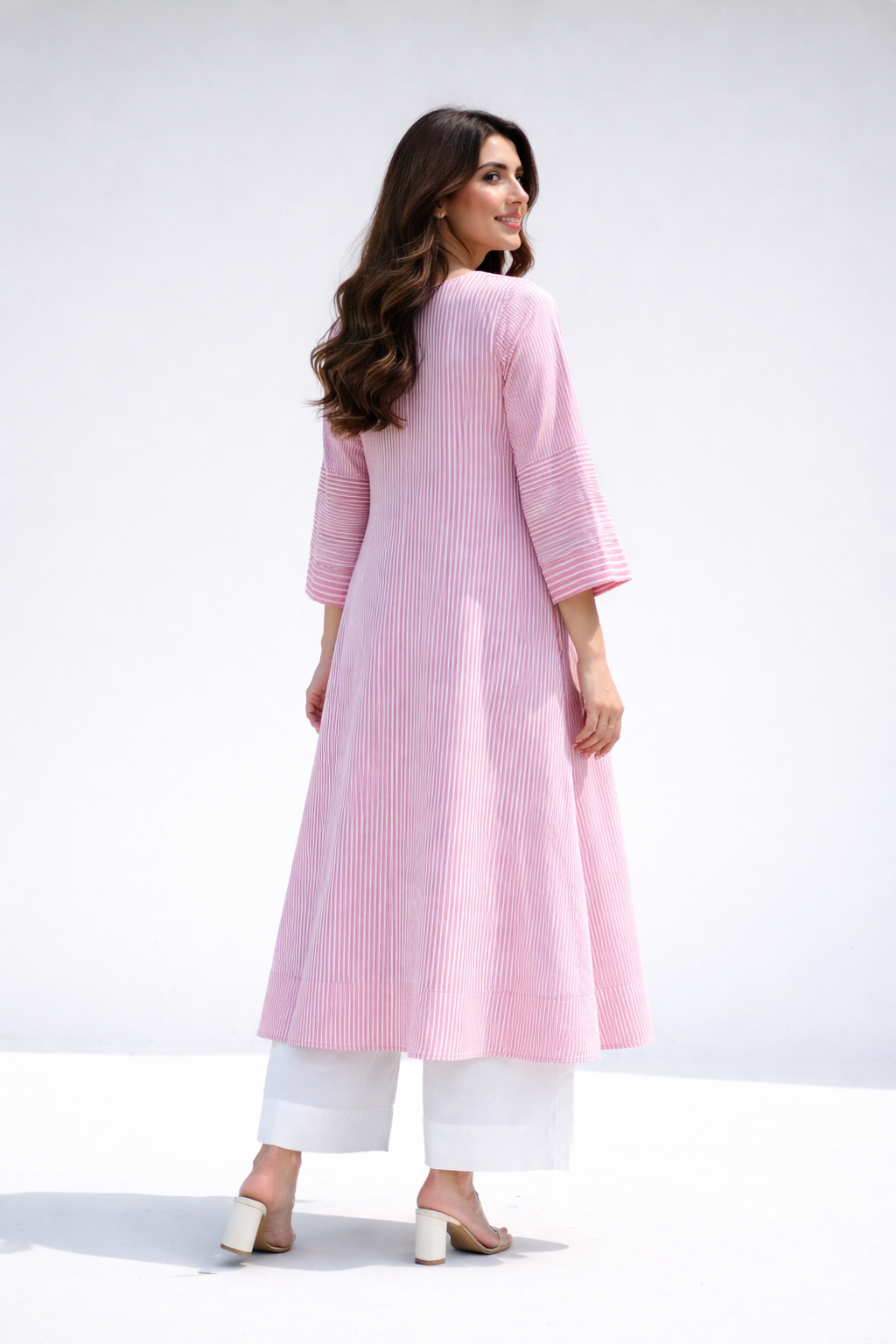 Elegant Pink Striped Kurta with White Palazzo Set