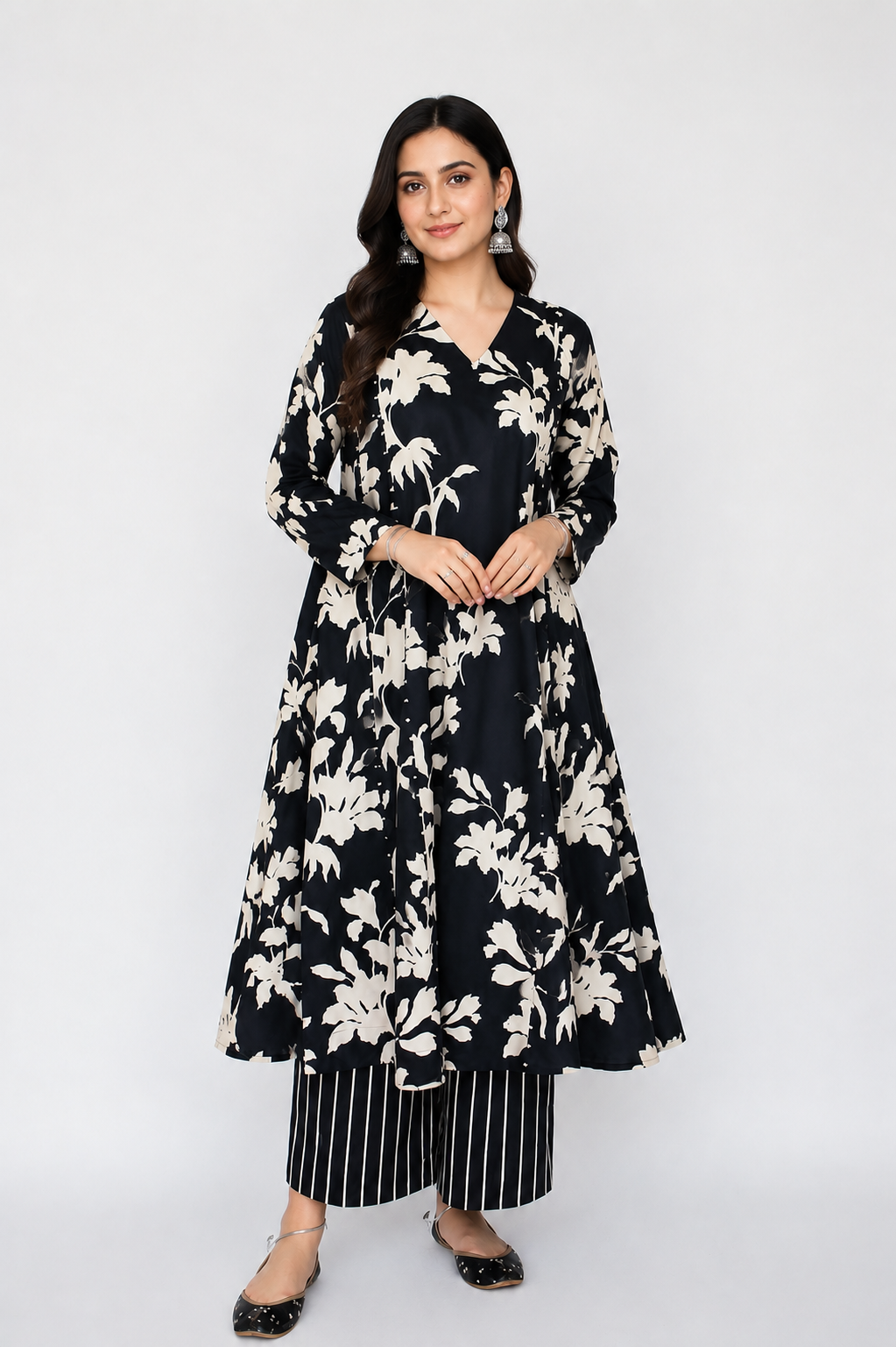 Black Floral Print Kurta with Striped Palazzo Set