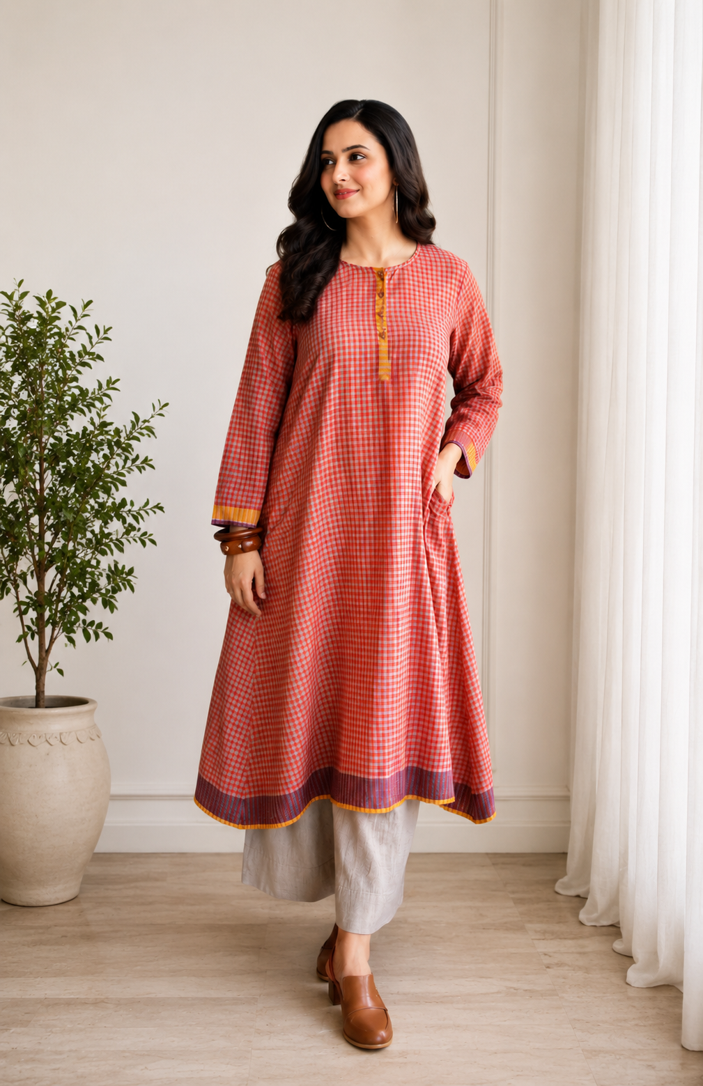 Rust Orange Checkered Kurta with Palazzo Set