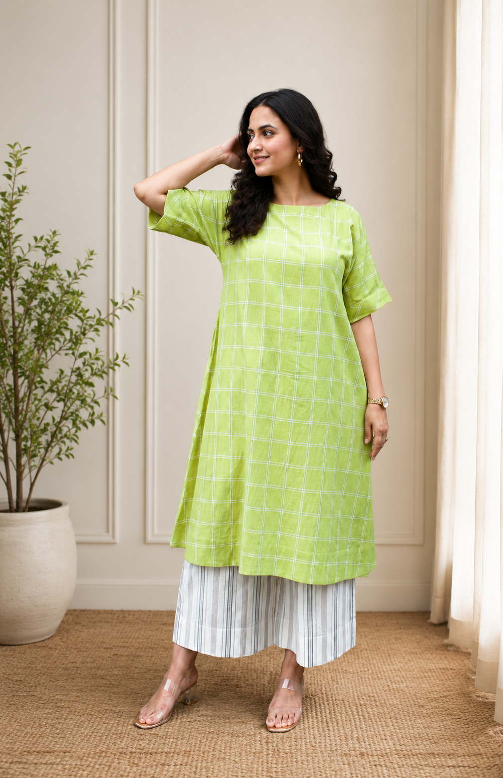 Lime Green Checkered Cotton Tunic Set