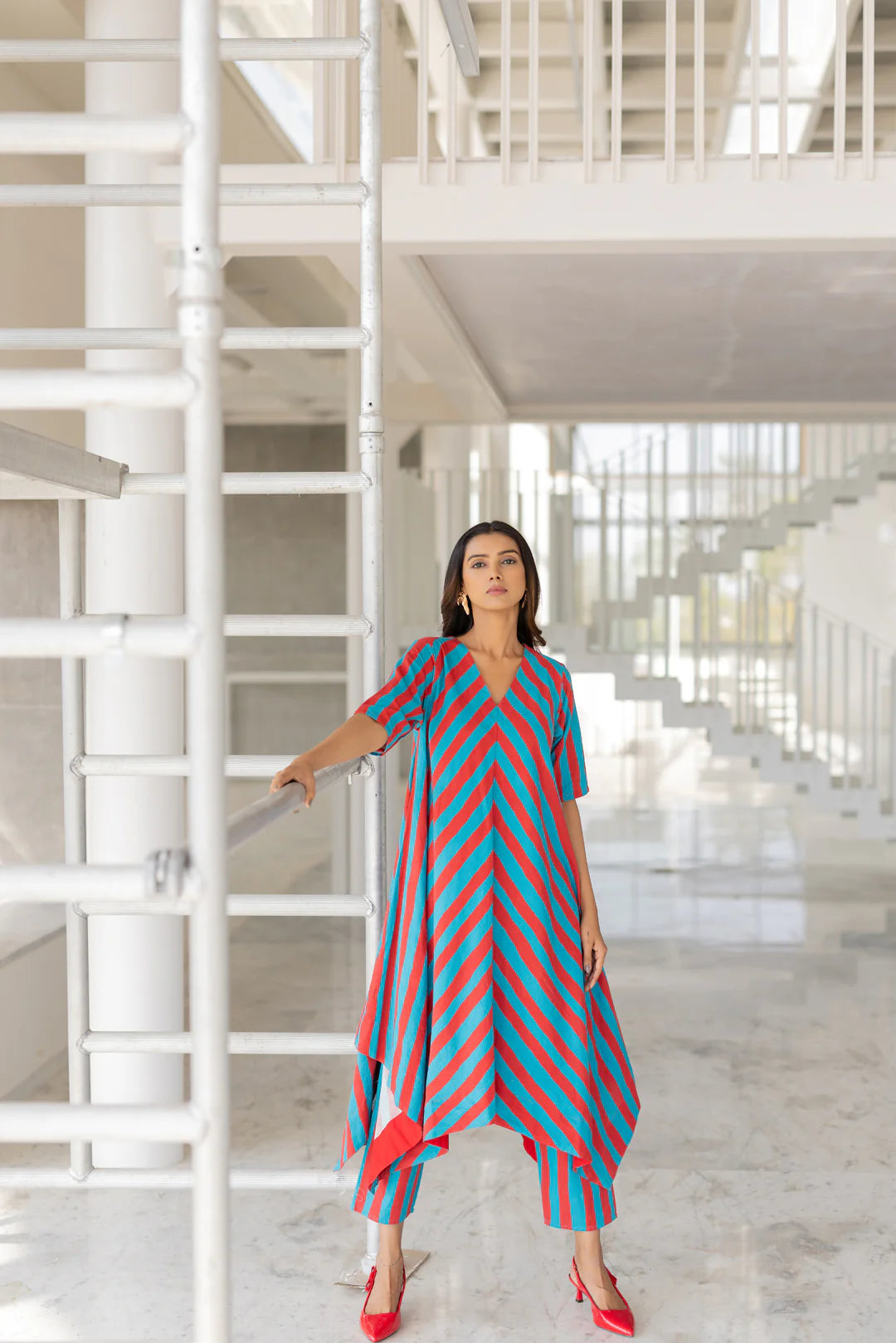 Striped Asymmetrical Kurta Set