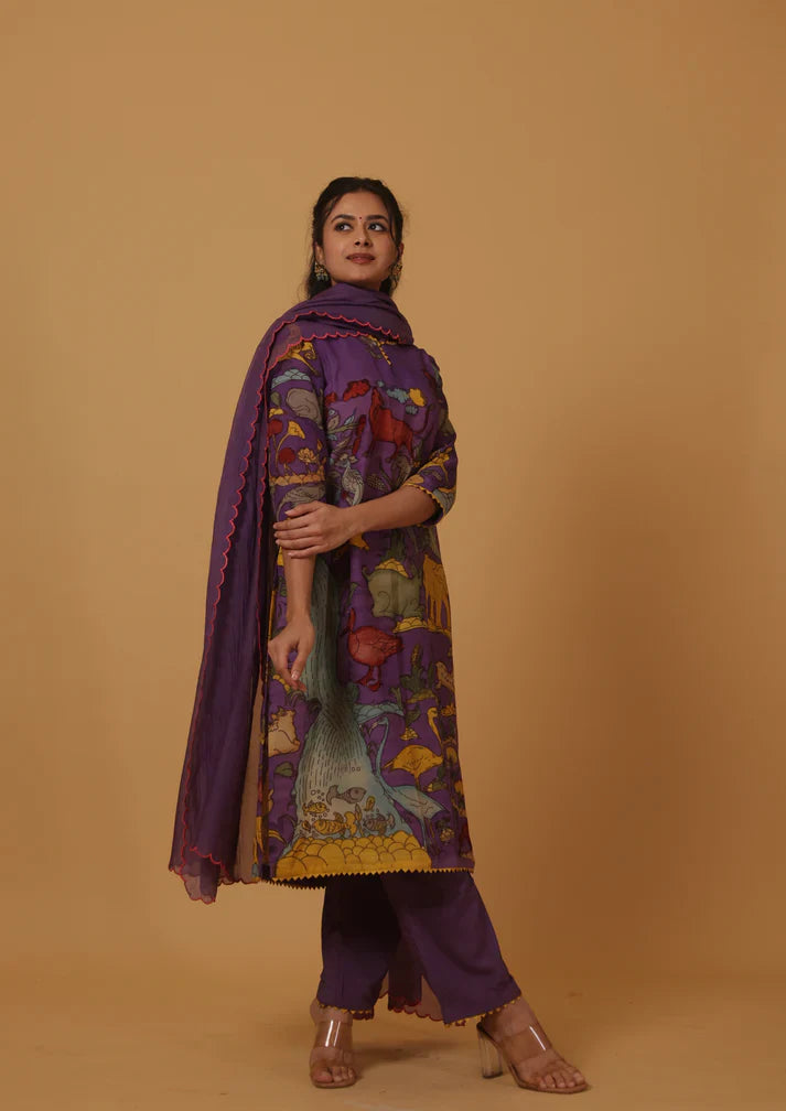 Traditional Purple Kurta Set with Royal Folk Art Print