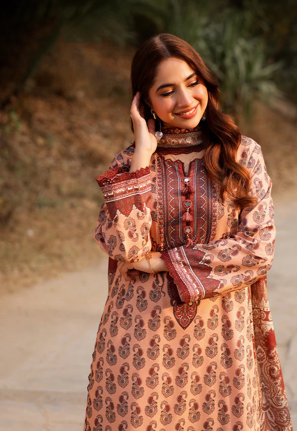 Peach &amp; Maroon Printed Lawn Suit