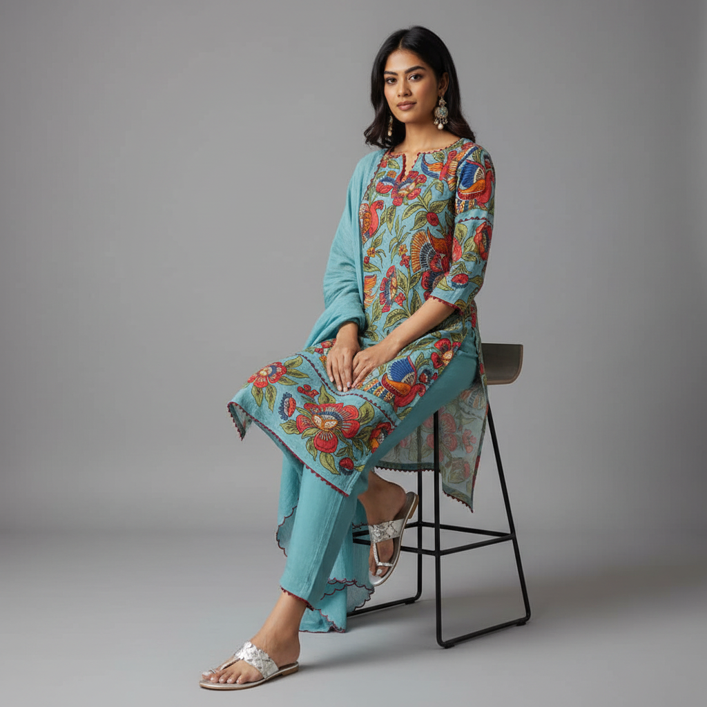 Aqua Blue Kurta Set with Hand-Painted Floral & Bird Print