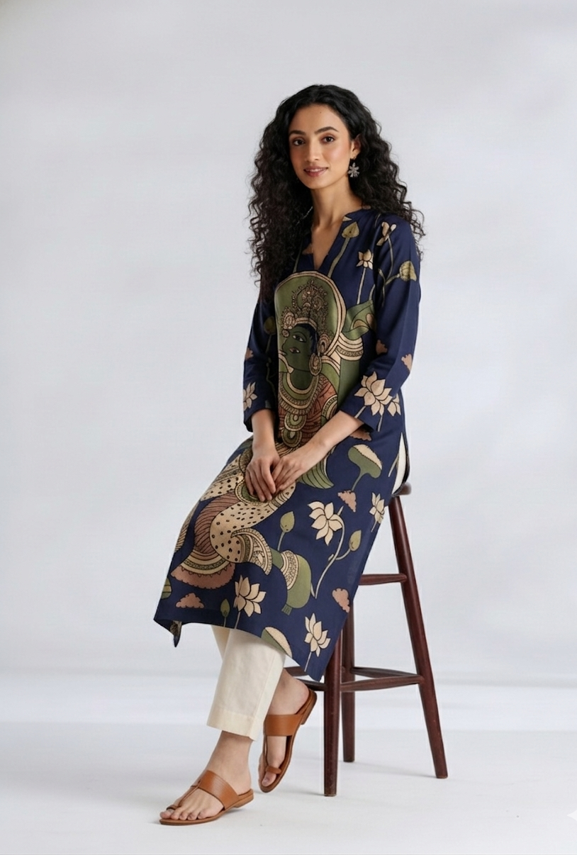 Elegant Navy Blue Straight Kurta with Traditional Kalamkari Print