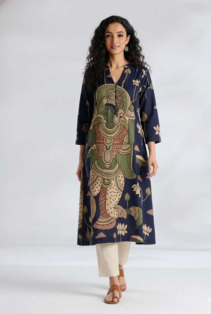 Elegant Navy Blue Straight Kurta with Traditional Kalamkari Print