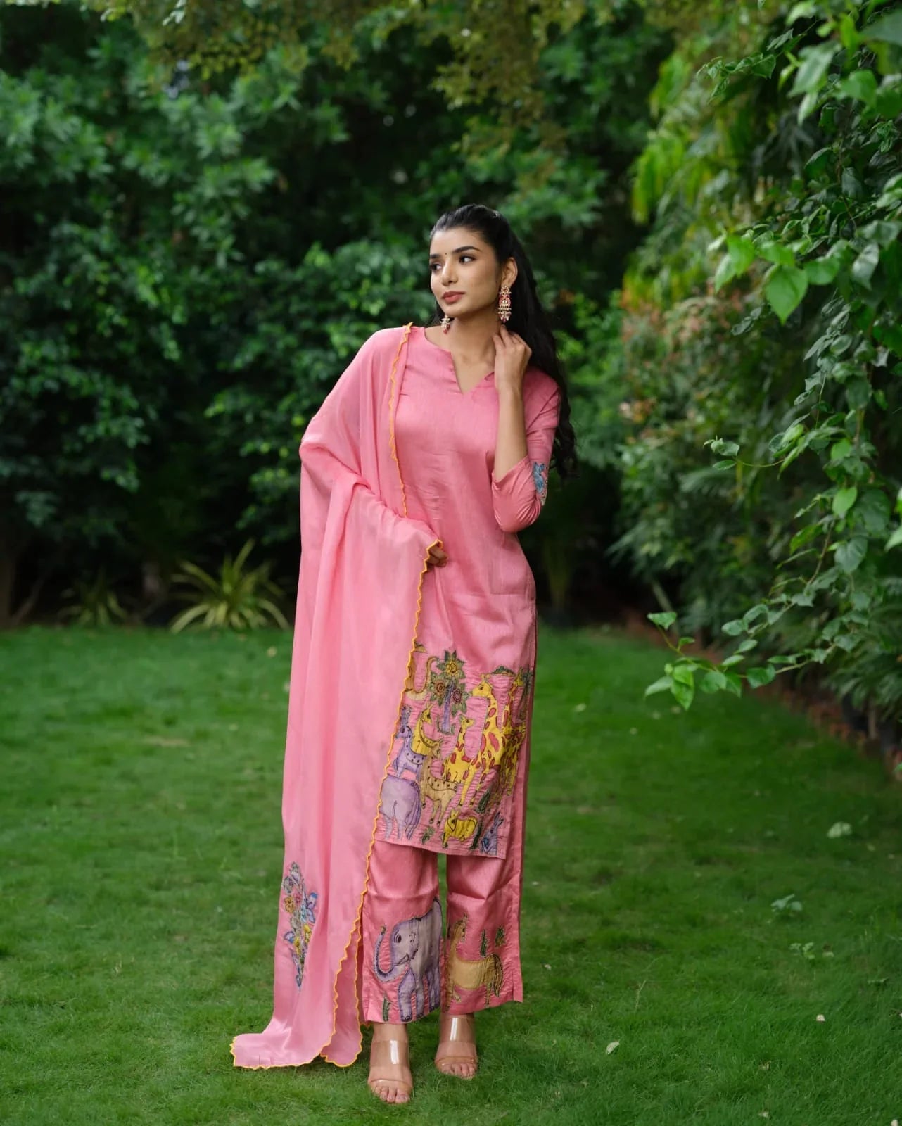 Rose Pink Hand-Painted Animal Art Kurta Set