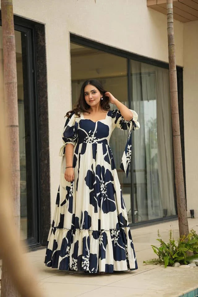 Midnight Bloom Navy & White Printed Puff-Sleeve Maxi Dress