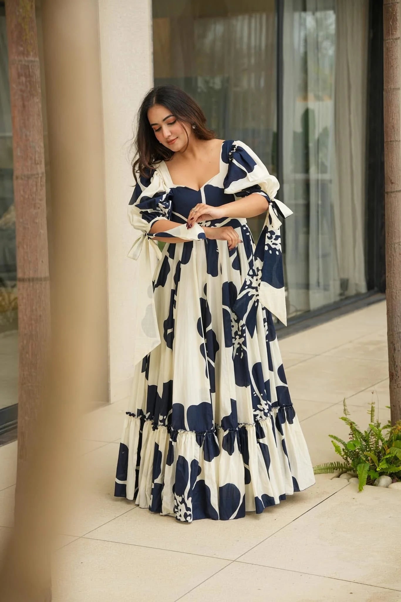 Midnight Bloom Navy & White Printed Puff-Sleeve Maxi Dress