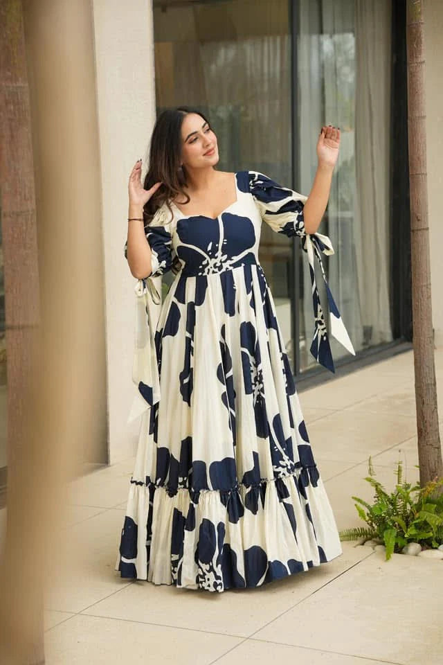 Midnight Bloom Navy & White Printed Puff-Sleeve Maxi Dress