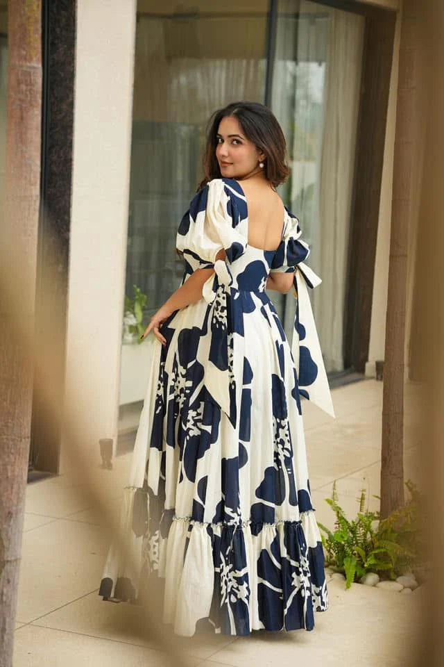Midnight Bloom Navy & White Printed Puff-Sleeve Maxi Dress