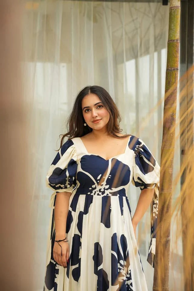 Midnight Bloom Navy & White Printed Puff-Sleeve Maxi Dress