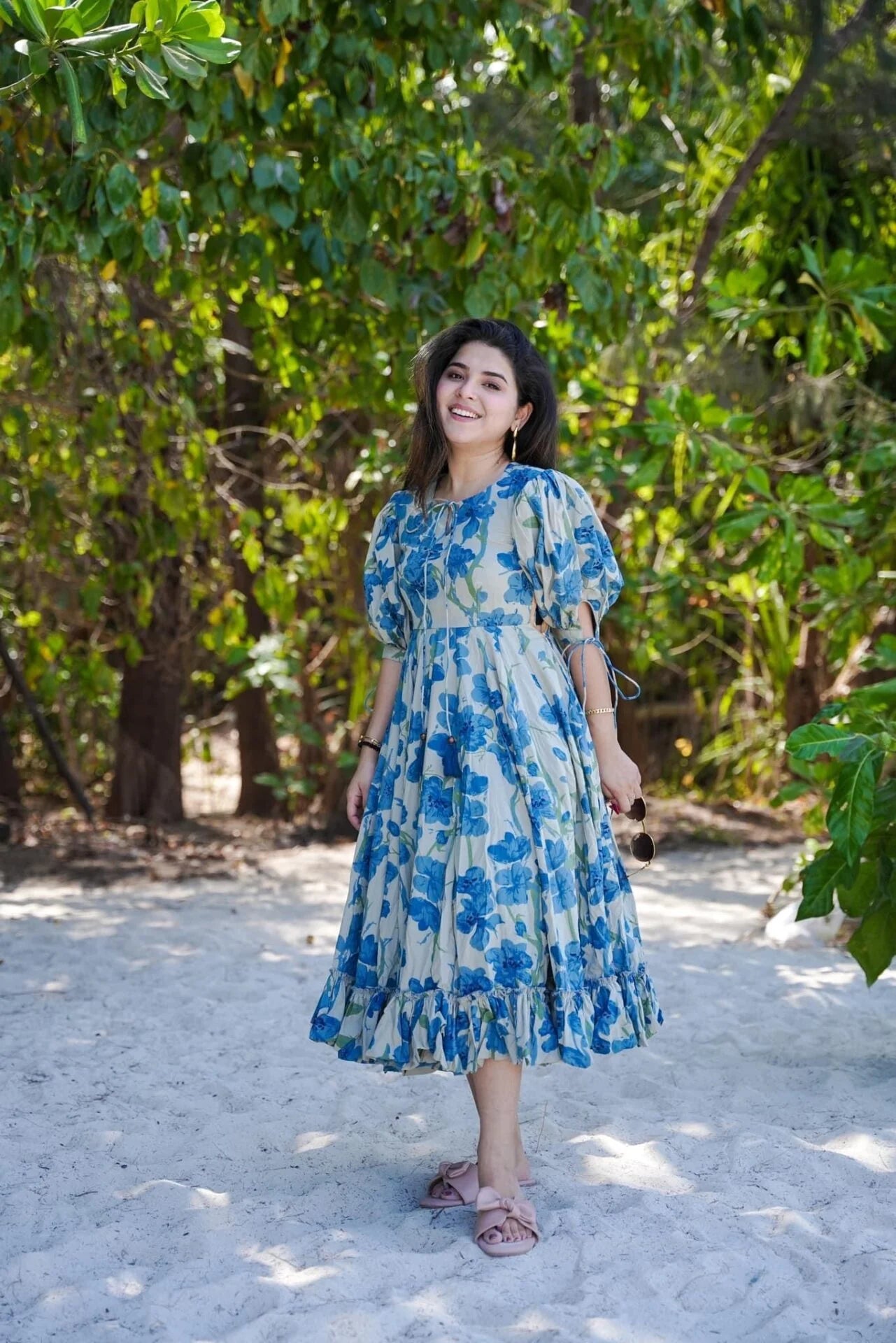 Blue Floral Puff-Sleeve A-Line Midi Dress