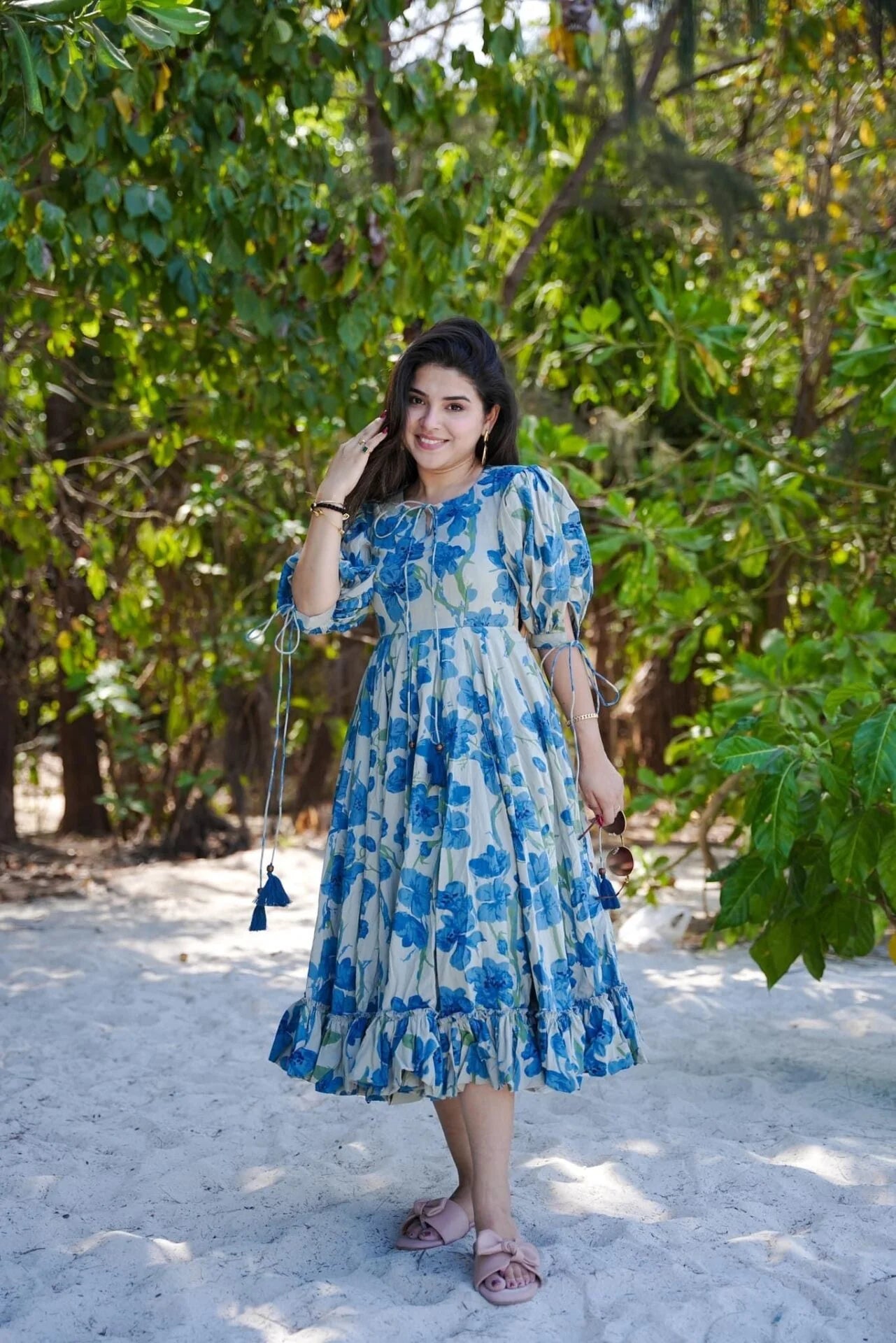 Blue Floral Puff-Sleeve A-Line Midi Dress